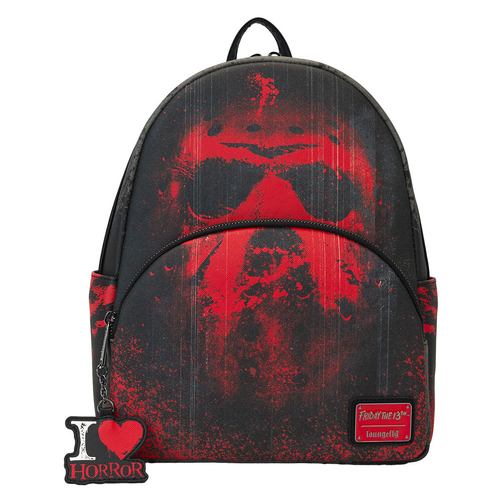 Mochila Loungefly de Viernes 13 negra y roja con colgante I Love Horror