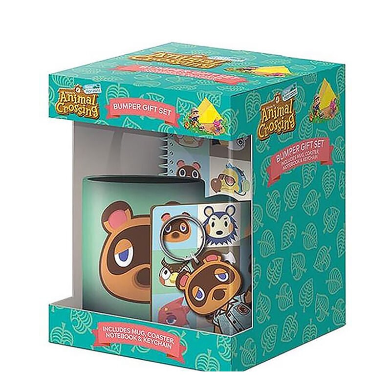 Set de regalo Animal Crossing con taza, cuaderno, llavero y posavasos