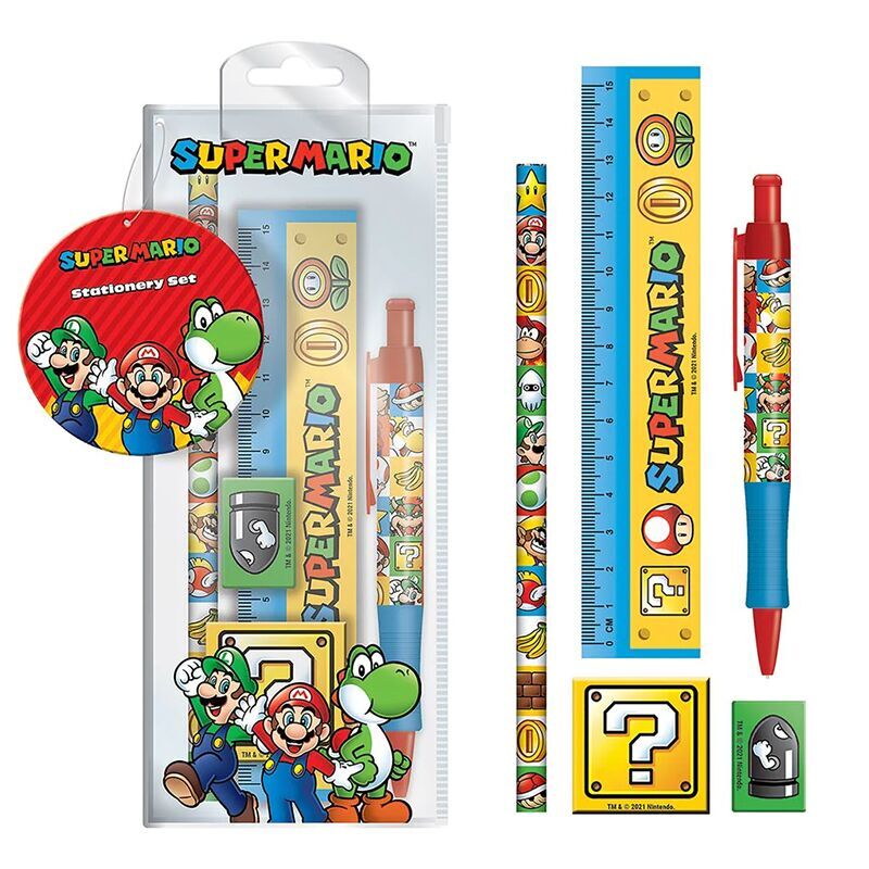 Set de papelería Super Mario Bros con bolígrafo, lápiz, regla, goma y sacapuntas