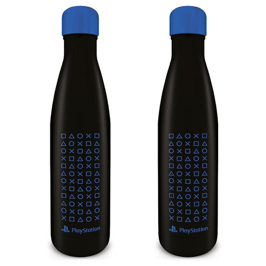 Botella negra PlayStation de acero inoxidable con tapa azul