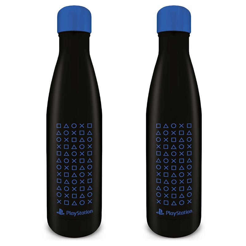 Botella negra PlayStation de acero inoxidable con tapa azul