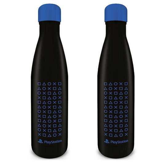 Botella negra PlayStation de acero inoxidable con tapa azul