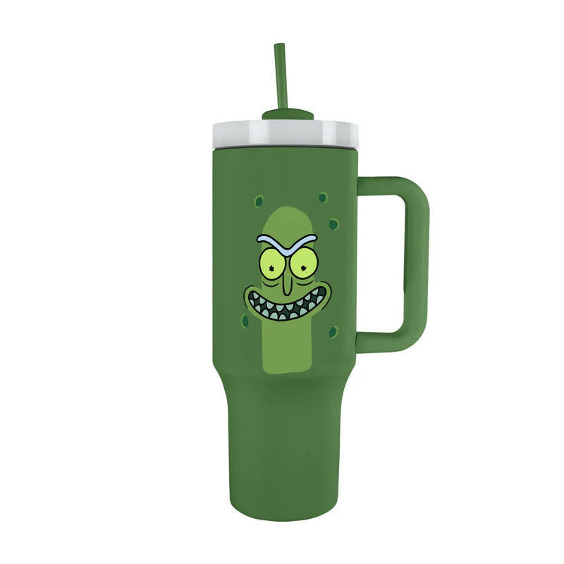 Vaso termo verde de Pepinillo Rick con tapa, pajita y asa