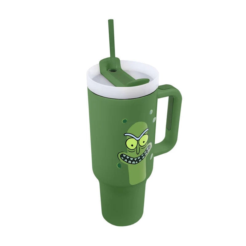 Vaso termo verde de Pepinillo Rick con tapa, pajita y asa - 3