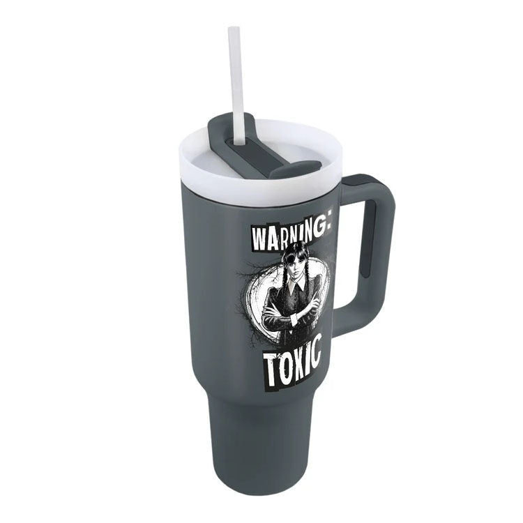 Vaso termo gris de Wednesday con asa, tapa blanca y pajita - 2