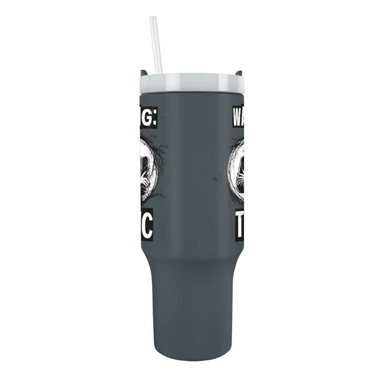 Vaso termo gris de Wednesday con asa, tapa blanca y pajita - 3