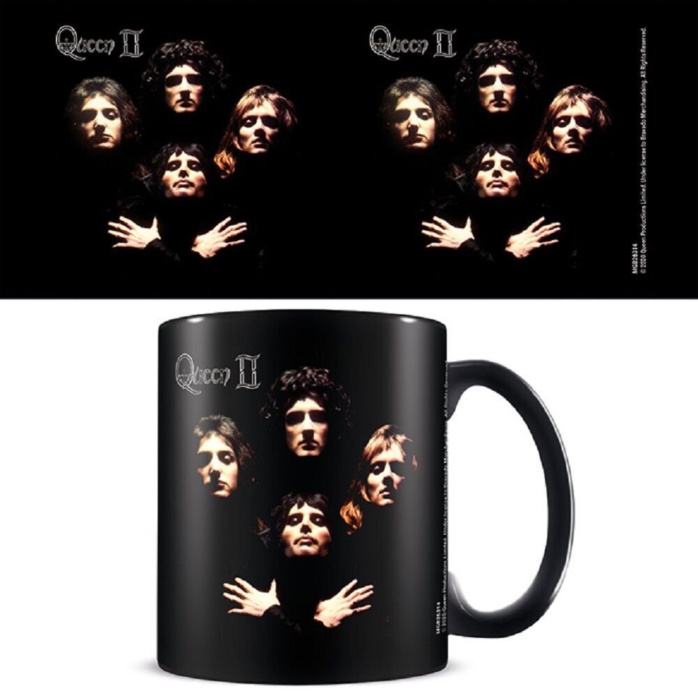 Taza negra de cerámica Queen II con imagen de los cuatro integrantes
