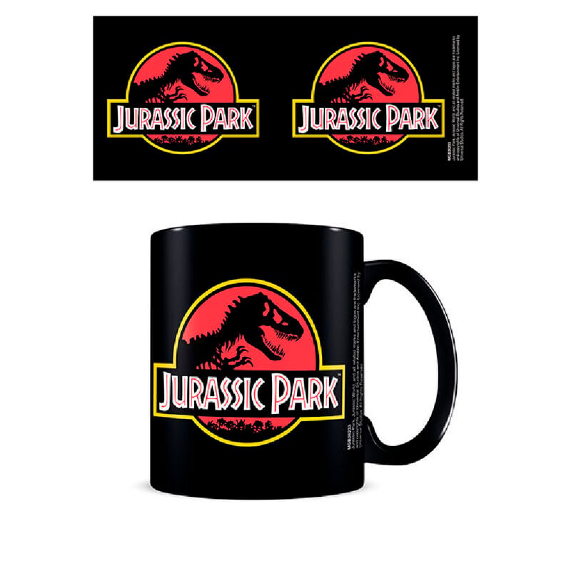 Taza negra de cerámica Jurassic Park con logo y dinosaurio