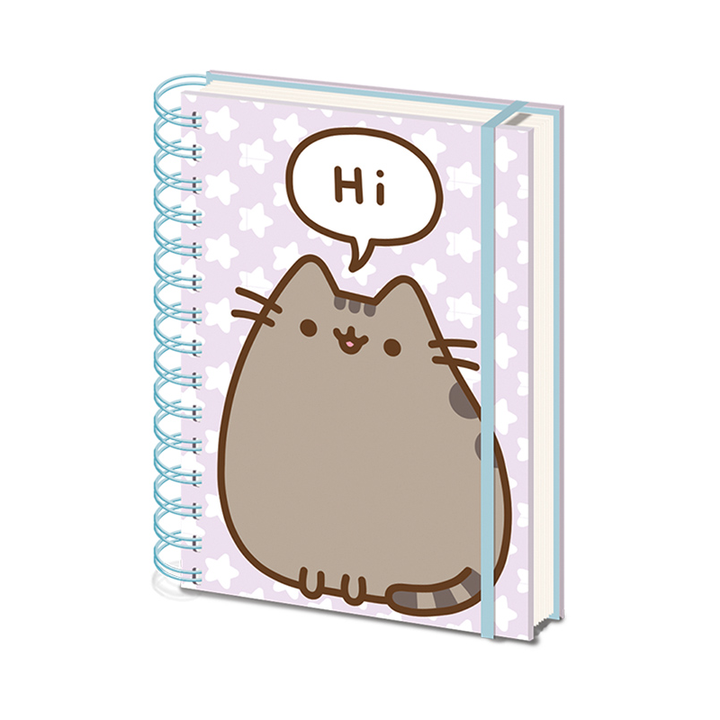Cuaderno A5 Pusheen Says Hi lila con espiral y banda elástica