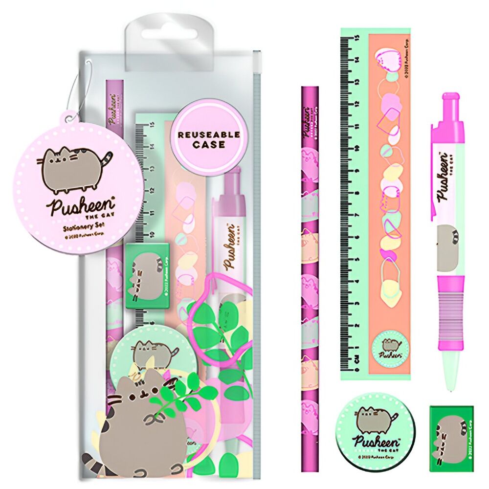 Set de papelería Pusheen con bolígrafo, lápiz, regla, goma y sacapuntas