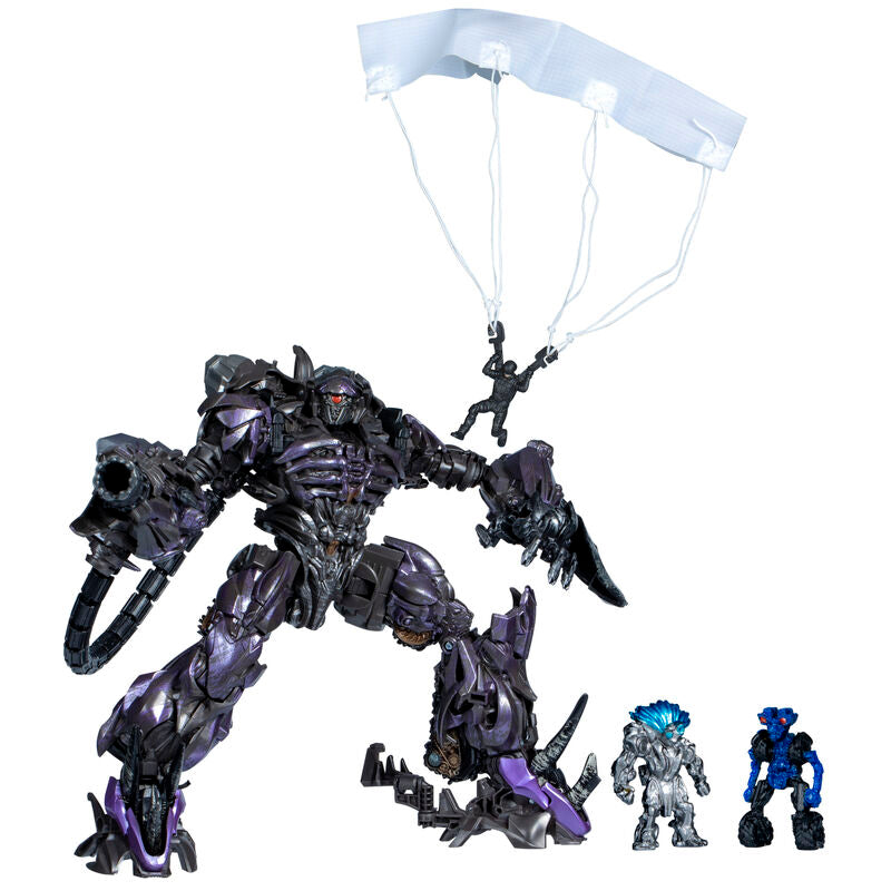 Figura Shockwave de Transformers Age of Extinction con paracaidista y figuras de Brains y Wheelie