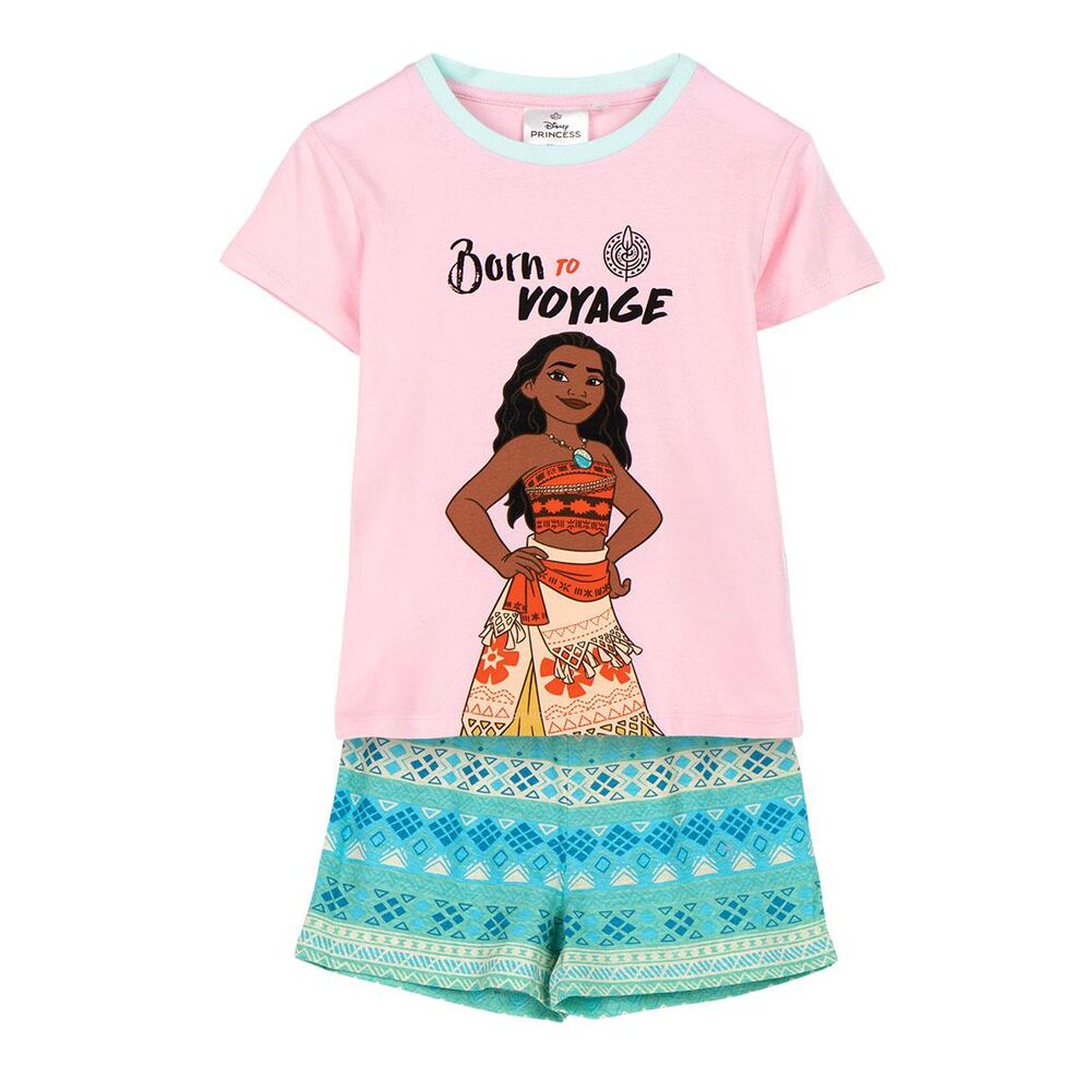 Pijama corto infantil de Vaiana Disney con camiseta rosa y pantalón azul estampado