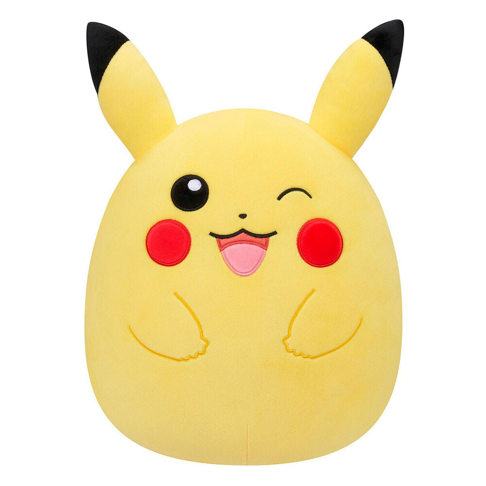 Peluche Squishmallows de Pikachu Pokémon amarillo con orejas negras y mejillas rojas