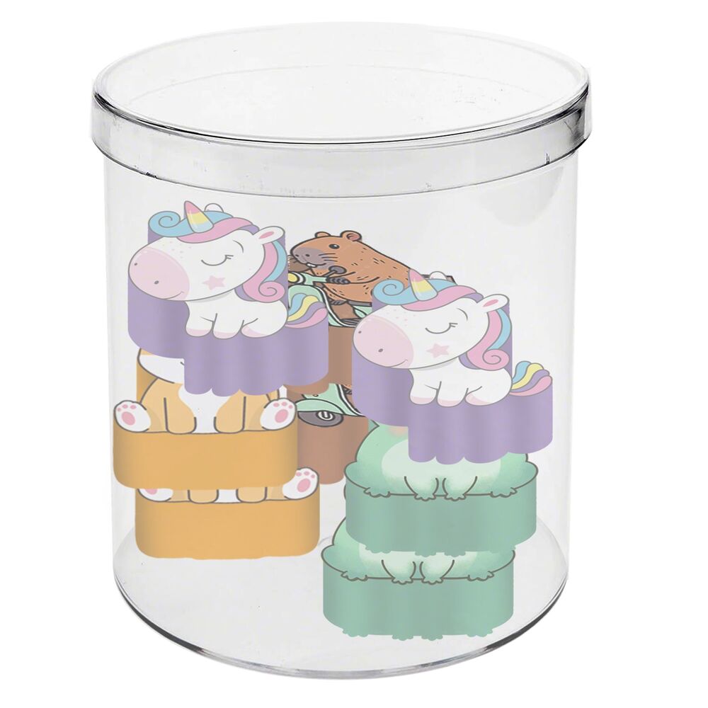 Cubo con 12 gomas de borrar Oh My Pop! con diseños de unicornios y animales
