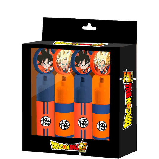 Blíster con cuatro subrayadores naranjas y azules de Dragon Ball Super