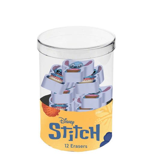 Cubo transparente con 12 gomas de borrar de Stitch Disney