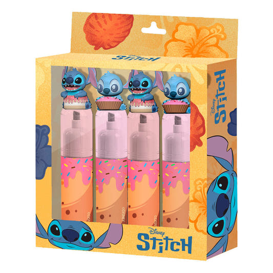 Blíster con cuatro subrayadores Stitch Disney decorados con cupcakes