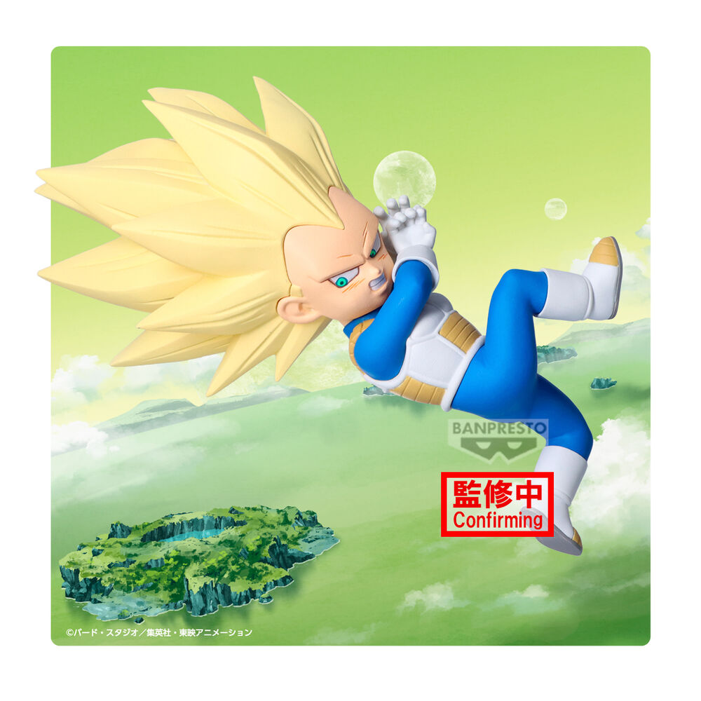 Figura de Vegeta de Dragon Ball Daima con panel ilustrado