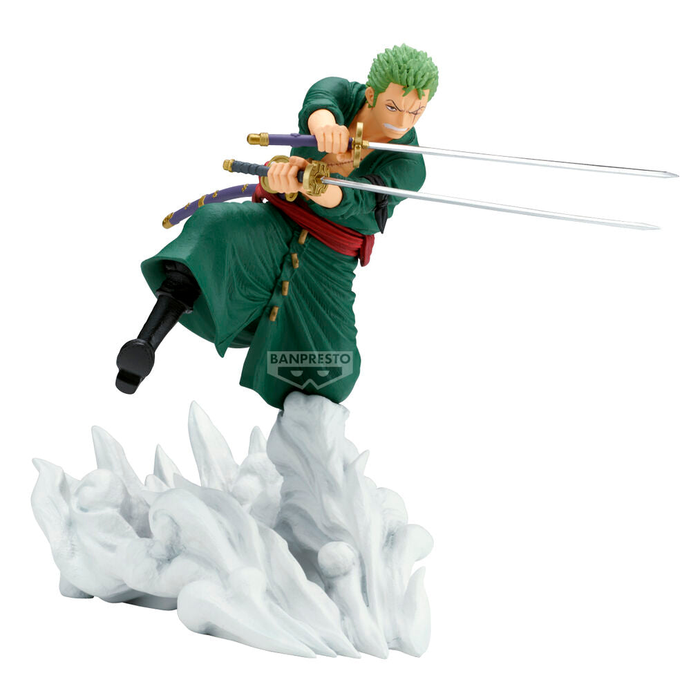 Figura Banpresto de Roronoa Zoro de One Piece en pose de combate con espadas