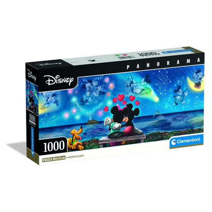 Puzzle panorámico Disney de Mickey y Minnie con Pluto y fuegos artificiales