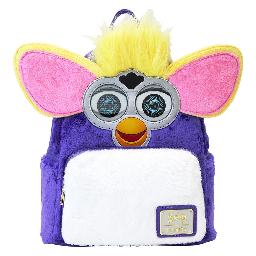 Mochila Furby Loungefly morada con orejas rosas y bolsillo frontal blanco