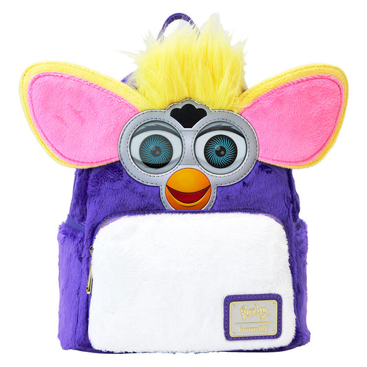 Mochila Furby Loungefly morada con orejas rosas y bolsillo frontal blanco