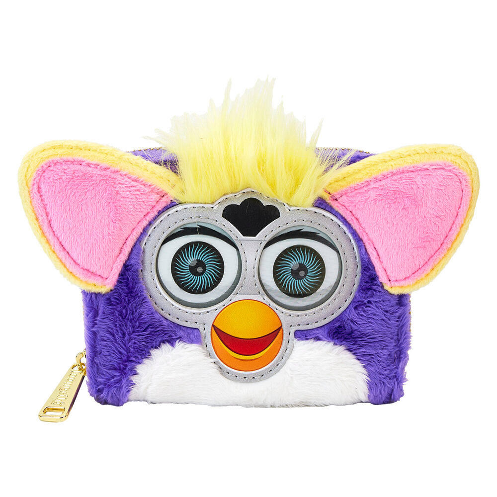 Cartera Furby Loungefly morada con orejas rosas y detalles de pelo