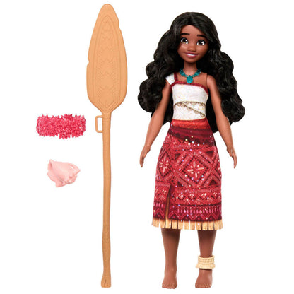 Muñeca cantarina Vaiana con vestido rojo, remo y accesorios