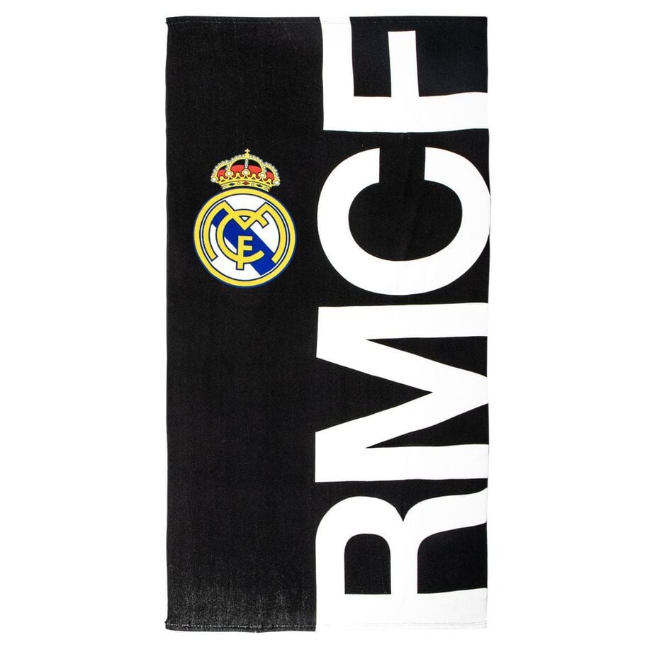 Toalla de microfibra negra y blanca del Real Madrid con escudo