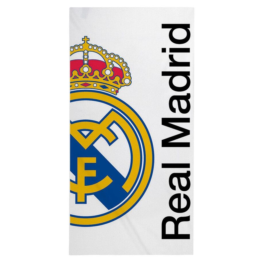 Toalla blanca de microfibra del Real Madrid con escudo y nombre del club