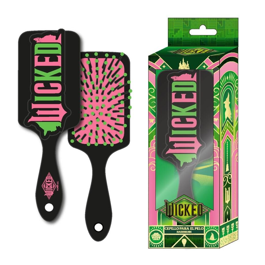 Cepillo para el pelo Wicked negro, rosa y verde con caja decorada