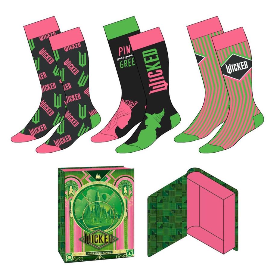 Set de tres pares de calcetines Wicked en rosa, verde y negro