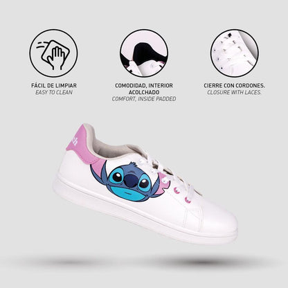 Deportivas blancas Stitch Disney con cordones y detalles rosas - 4