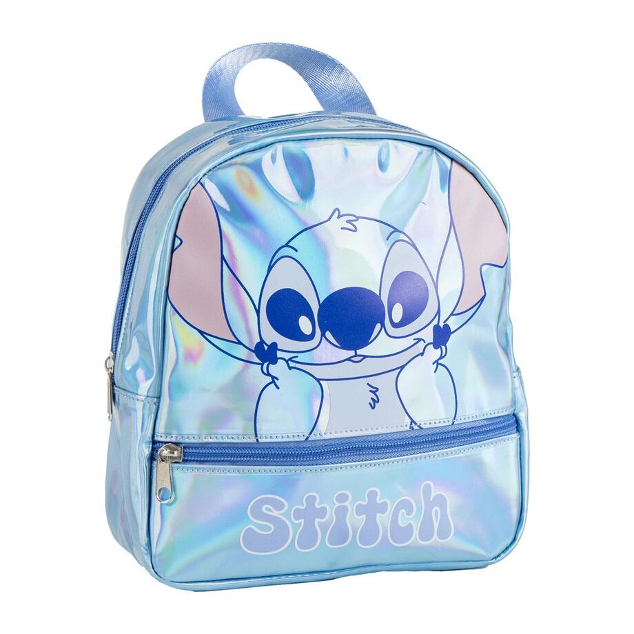 Mochila azul iridiscente de Stitch Disney con bolsillo frontal