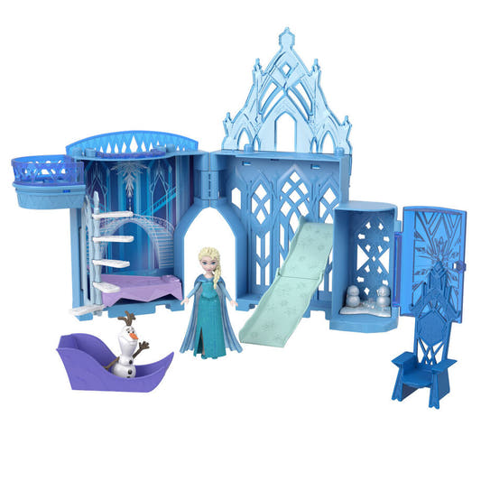 Castillo de hielo de Elsa Frozen Disney abierto con muñeca y figura de Olaf
