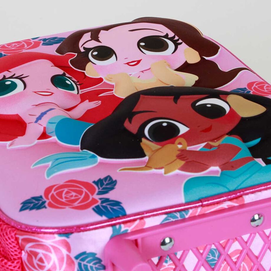 Mochila trolley rosa 3D de Princesas Disney con flores y ruedas - 4