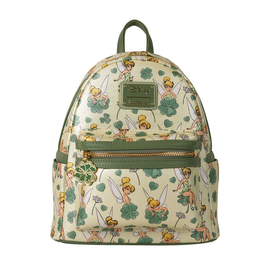 Mochila Loungefly de Campanilla con estampado de tréboles y detalles dorados