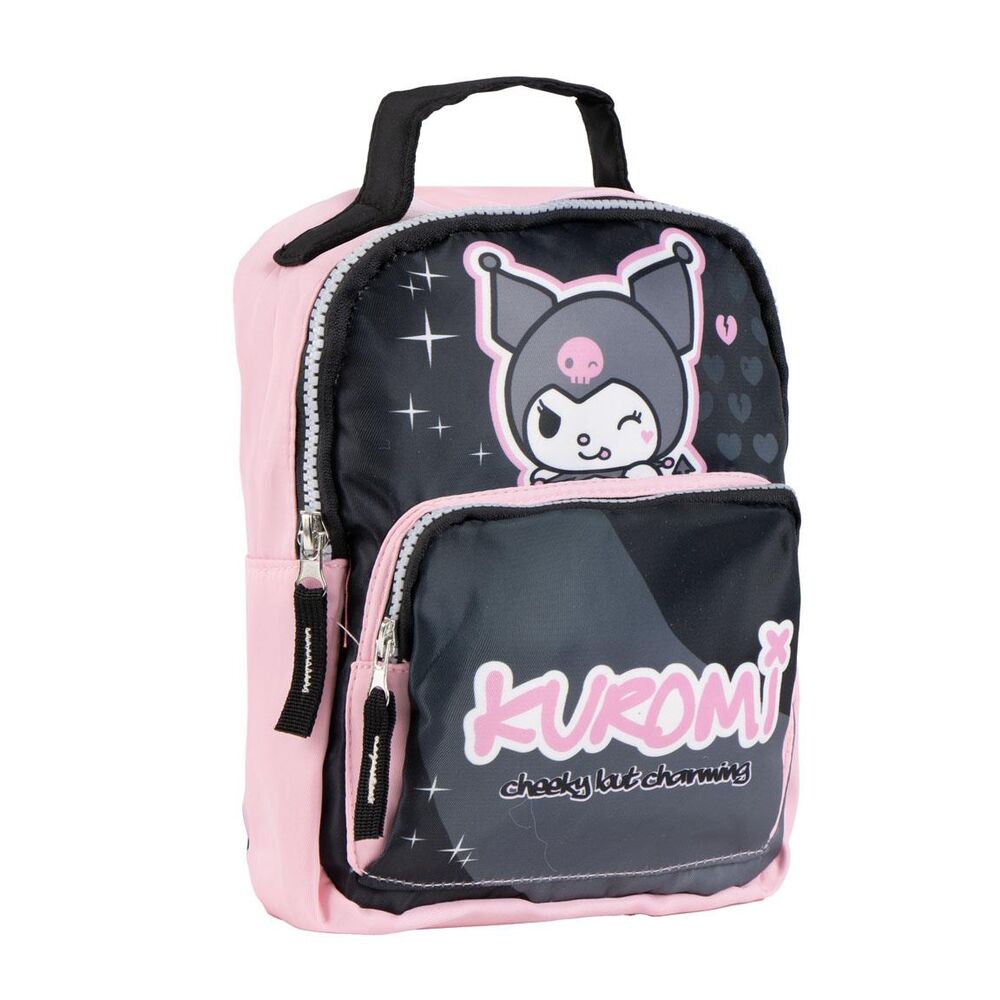 Mochila Kuromi Hello Kitty rosa y negra de 23 cm