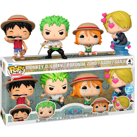 Blíster Funko POP! Exclusive con cuatro figuras de One Piece: Luffy, Zoro, Nami y Sanji