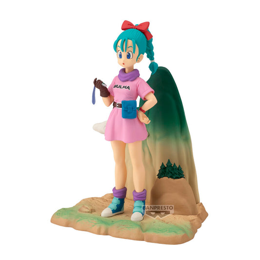 Figura de Bulma de Dragon Ball History Box con vestido rosa y base ambientada