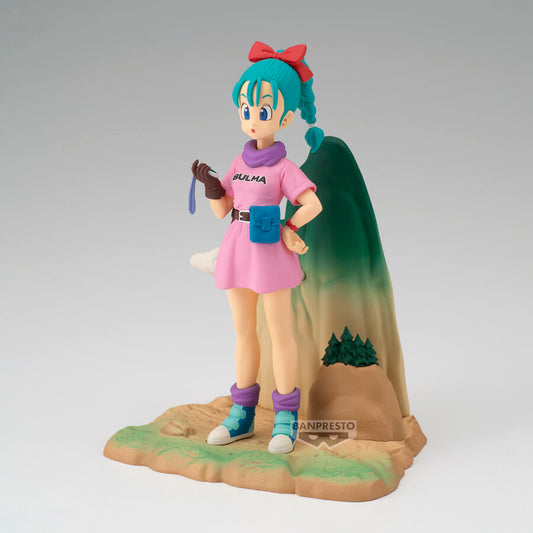 Figura de Bulma de Dragon Ball History Box con vestido rosa y base ambientada - 2