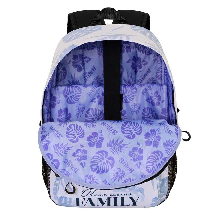 Mochila Disney Stitch azul claro con estampado tropical y mensaje Ohana means FAMILY - 3