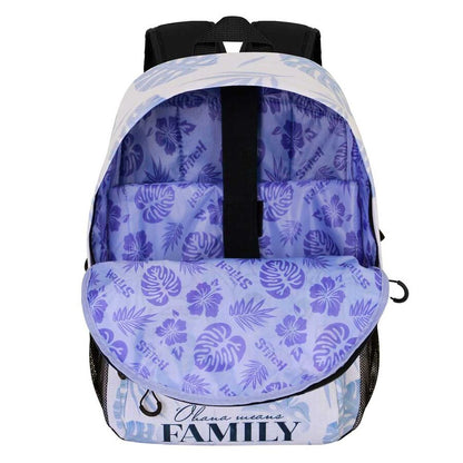 Mochila Disney Stitch azul claro con estampado tropical y mensaje Ohana means FAMILY - 3