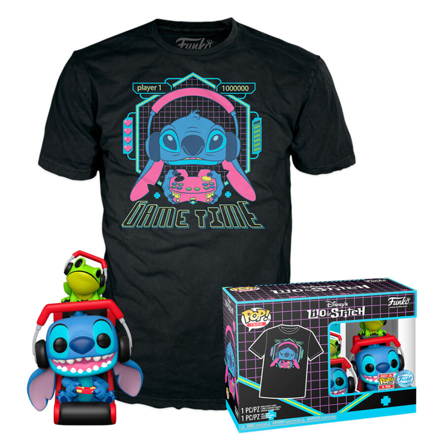 Set Funko POP Disney Stitch Gamer con camiseta negra y figura con rana - 2