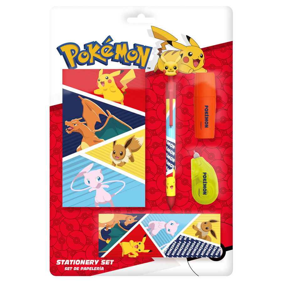 Set de papelería Pokémon con bloc, bolígrafo, subrayador, corrector y marcapáginas