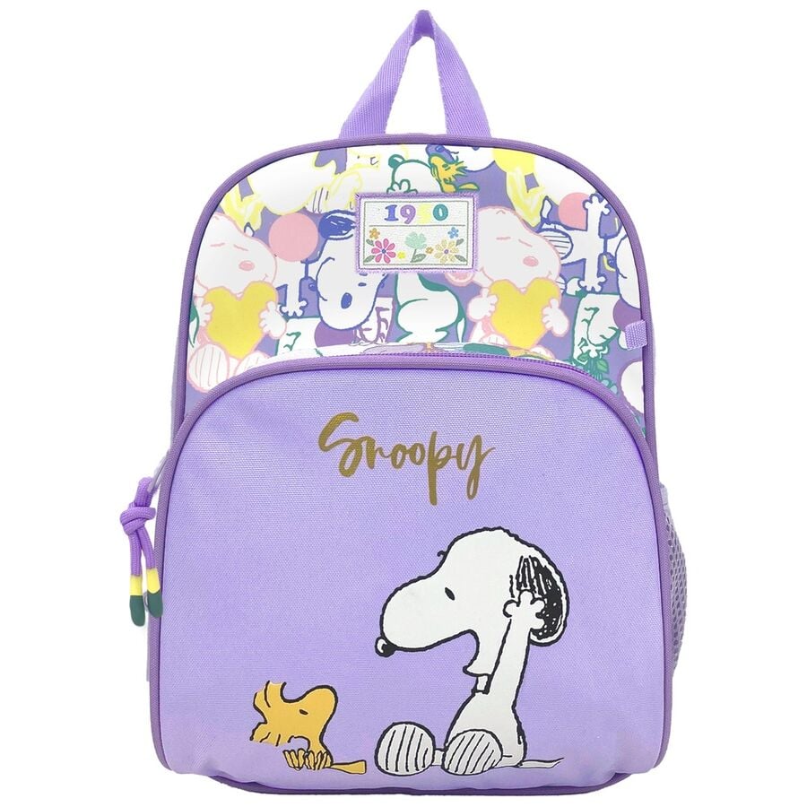 Mochila morada de Snoopy y Woodstock con dos compartimentos