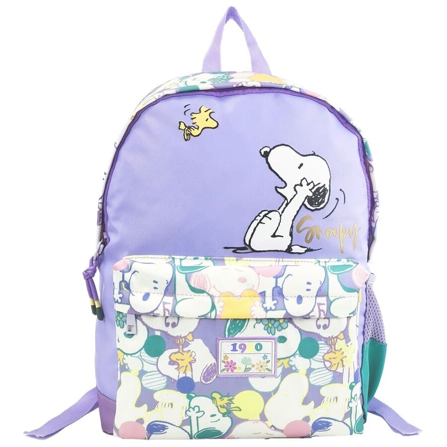 Mochila lila de Snoopy y Woodstock con bolsillo estampado