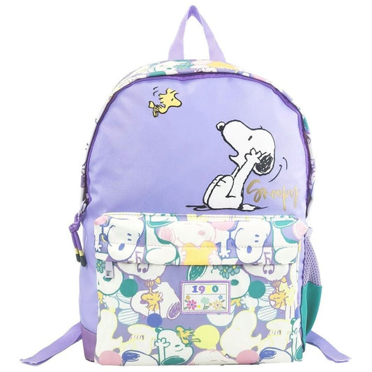 Mochila lila de Snoopy y Woodstock con bolsillo estampado