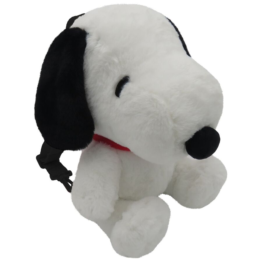 Mochila de peluche de Snoopy blanca con orejas negras y collar rojo
