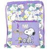 Saco mochila morado de Snoopy y Woodstock con bolsillo frontal